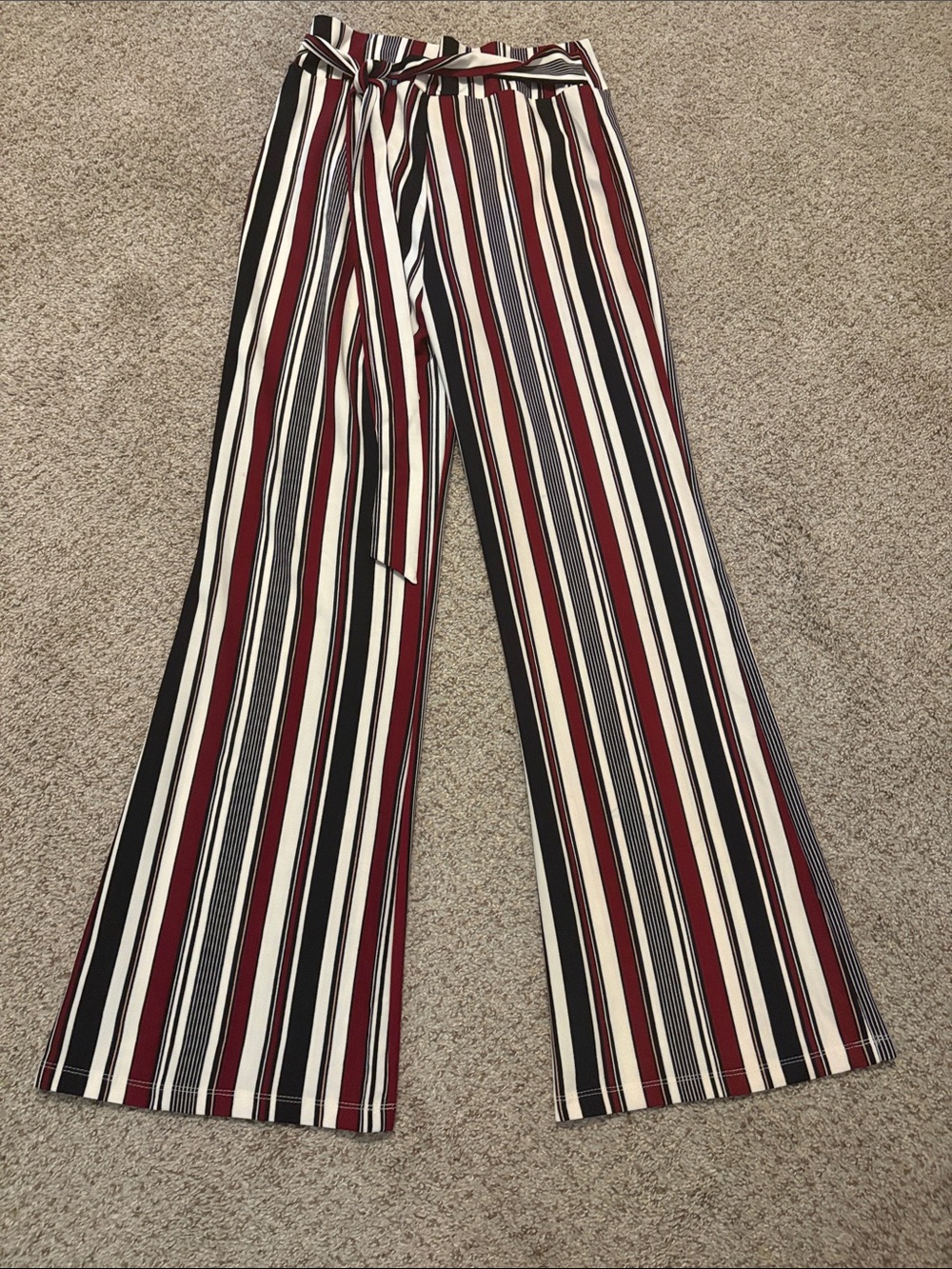 High-Rise Striped Wide-Leg Pants with Tie Waist - Burgundy/Black/White